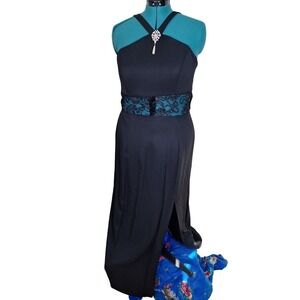 Vintage 90s Black Formal Dress Cutout Mesh Waist High Slit Women Large